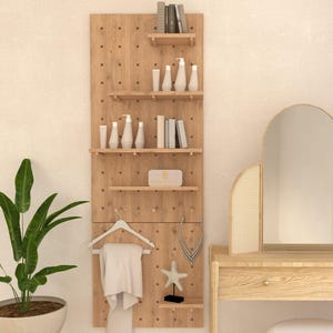 Painel perfurado com pinos, organizador de madeira para parede, painel perfurado de madeira moderno com prateleiras, organização, prateleiras para paredes, painel perfurado para artesanato