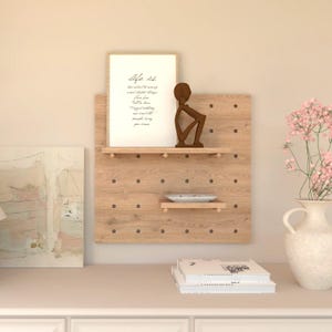 Wooden pegboard with shelves & pegs, Wall mounted shelving display, Peg board stand for entryway, living room decor design