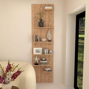 Tablero perforado de madera moderno con estantes, sistema de estantes de pared de tablero perforado para libros y decoración de sala de estar, organizador de madera montado en la pared, sala de estar