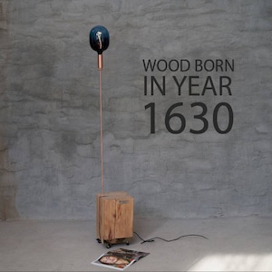 Old wood Floor lamp Lotus, wood with story, reclaimed wood from year 1630, handcafted, nightstand,  bedroom, loft design, industrial, urban.