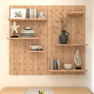 Pegboard wall shelf system for books & living room decor, Wall mounted shelf, wooden organizer, Modern wooden pegboard with shelves