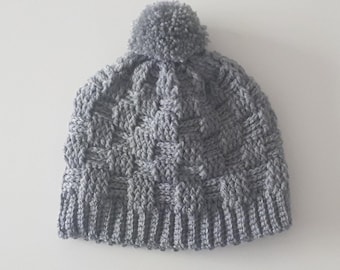 ハンドメイド かぎ針編みメリノウール帽子 ニット帽☆ワッフル編み☆ニット帽子☆手編み☆ホワイト\u0026グレー