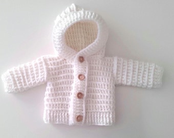 Handmade crochet merino wool baby hooded cardigan, 0-36 months, choice of color