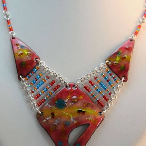 Red enamel necklace with silver leaf filaments