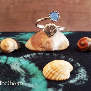 Puede incluir: Un anillo de plata con una piedra preciosa azul y un dise&ntilde;o de concha. El anillo se muestra en una peque&ntilde;a roca con otras conchas.