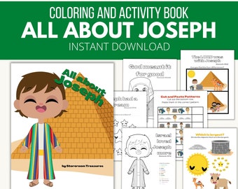 Puede incluir: Un libro para colorear y actividades imprimible para niños sobre la historia bíblica de José. La portada presenta una ilustración de dibujos animados de José con una túnica rayada de colores y una pirámide detrás de él. El título "Todo sobre José" está escrito en letras grandes y en negrita. El libro incluye actividades como páginas para colorear, patrones para cortar y pegar y un juego de "¿Cuál es el más grande?"
