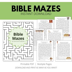 May include: A printable PDF download of Bible mazes for kids. The cover features a black and white maze with a starburst design and the text "Bible Mazes by Storeroom Treasures".
