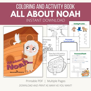 May include: A printable coloring and activity book for kids about Noah's Ark. The cover features a cartoon illustration of Noah with a dove and the ark. The book includes activities like cutting practice, drawing, a crossword puzzle, and coloring pages.