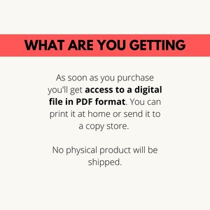 K&ouml;nnte beinhalten: Text auf rotem Hintergrund, der "WHAT ARE YOU GETTING" lautet. Unter dem Text befindet sich eine Beschreibung, die besagt: "Sobald Sie kaufen, erhalten Sie Zugriff auf eine digitale Datei im PDF-Format. Sie k&ouml;nnen sie zu Hause ausdrucken oder an einen Copyshop senden. Es wird kein physisches Produkt versandt."
