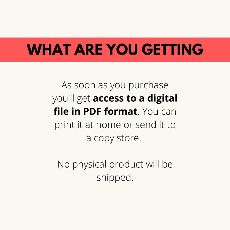 K&ouml;nnte beinhalten: Text auf rotem Hintergrund, der "WHAT ARE YOU GETTING" lautet. Unter dem Text befindet sich eine Beschreibung, die besagt: "Sobald Sie kaufen, erhalten Sie Zugriff auf eine digitale Datei im PDF-Format. Sie k&ouml;nnen sie zu Hause ausdrucken oder an einen Copyshop senden. Es wird kein physisches Produkt versandt."