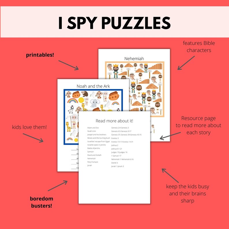 K&ouml;nnte beinhalten: Ein Satz druckbarer Ich-Spiele-Puzzles mit biblischen Figuren. Die Puzzles beinhalten Noah und die Arche sowie Nehemia. Jedes Puzzle hat eine Ressourcen-Seite mit Bibelversen, um mehr &uuml;ber die Geschichte zu erfahren.