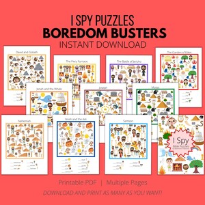 K&ouml;nnte beinhalten: Ein Satz druckbarer I Spy Bibel-R&auml;tsel f&uuml;r Kinder. Die R&auml;tsel zeigen farbenfrohe Illustrationen von biblischen Geschichten, darunter David und Goliath, Jona und der Wal, Noah und die Arche und vieles mehr. Die R&auml;tsel sind perfekt, um Kinder zu unterhalten und ihnen die Bibel n&auml;herzubringen.