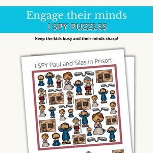 K&ouml;nnte beinhalten: Ein druckbares I Spy-Spiel mit einer Cartoon-Illustration von Paulus und Silas im Gef&auml;ngnis. Das Spiel enth&auml;lt eine Vielzahl von Charakteren und Objekten, darunter eine Gef&auml;ngniszelle, Ketten und einen W&auml;chter.