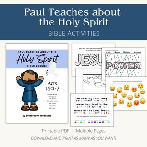 May include: Printable Bible lesson for kids about Paul teaching about the Holy Spirit. The lesson includes activities like coloring pages, a code puzzle, a dot marker activity, a map activity, a craft activity, and a Q&A page. The lesson is titled "Paul Teaches About the Holy Spirit" and features a cartoon illustration of Paul with a dove.
