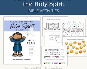 May include: Printable Bible lesson for kids about Paul teaching about the Holy Spirit. The lesson includes activities like coloring pages, a code puzzle, a dot marker activity, a map activity, a craft activity, and a Q&A page. The lesson is titled "Paul Teaches About the Holy Spirit" and features a cartoon illustration of Paul with a dove.