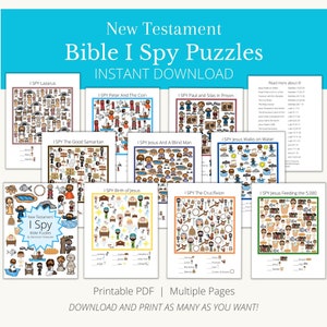 K&ouml;nnte beinhalten: Ein Satz druckbarer &bdquo;Ich sehe was, was du nicht siehst&ldquo;-Puzzles zum Thema Neues Testament der Bibel. Jedes Puzzle zeigt eine farbenfrohe Illustration mit versteckten Objekten zum Finden. Die Puzzles sind f&uuml;r Kinder und Erwachsene konzipiert und eignen sich perfekt f&uuml;r den Sonntagsunterricht, Homeschooling oder Familienspa&szlig;.