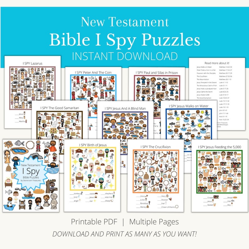 K&ouml;nnte beinhalten: Ein Satz druckbarer &bdquo;Ich sehe was, was du nicht siehst&ldquo;-Puzzles zum Thema Neues Testament der Bibel. Jedes Puzzle zeigt eine farbenfrohe Illustration mit versteckten Objekten zum Finden. Die Puzzles sind f&uuml;r Kinder und Erwachsene konzipiert und eignen sich perfekt f&uuml;r den Sonntagsunterricht, Homeschooling oder Familienspa&szlig;.