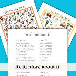 K&ouml;nnte beinhalten: Zwei bunte druckbare I Spy-Spiele f&uuml;r Kinder mit Szenen aus der Bibel. Das erste Spiel hei&szlig;t "I Spy The Crucifixion" und das zweite Spiel hei&szlig;t "I Spy Birth of Jesus".