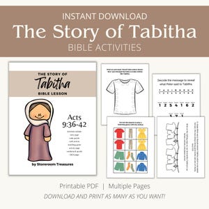 Puede incluir: Una lección bíblica imprimible en PDF para niños sobre la historia de Tabitha del libro de los Hechos. La lección incluye actividades como una búsqueda de palabras, un juego de emparejamiento, una actividad artesanal y una página de preguntas y respuestas. La portada presenta una ilustración colorida de Tabitha.