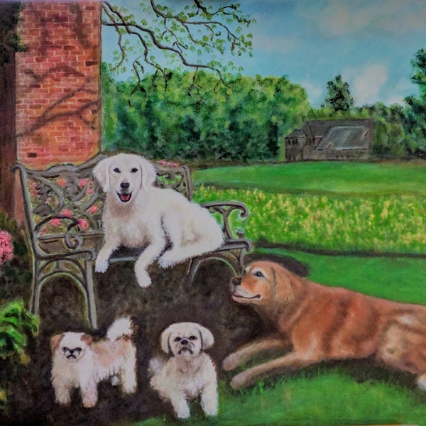 Lucy and Friends.  Giclée of Original oil painting.  Four dog friends hanging out.  ArtByKimberlyStudios on Etsy