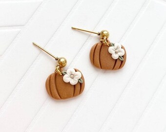 Handmade Floral Pumpkin Earrings: Polymer Clay Dangle Studs