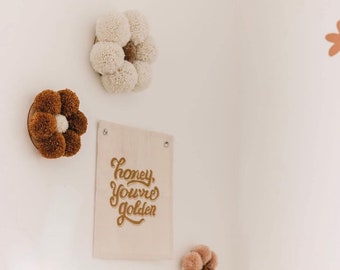 Boho Pom Pom Daisy Wall Decor: Cotton & Wood Nursery Flowers
