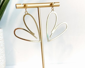 Gold Heart Earrings Dangle /