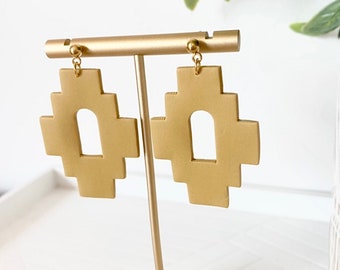 Aztec Arch Earrings: Mustard Yellow Polymer Clay, Hypoallergenic Steel