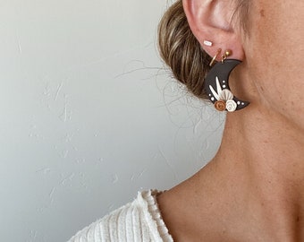 Handmade Floral Moon Earrings: Black Polymer Clay, Stainless Steel