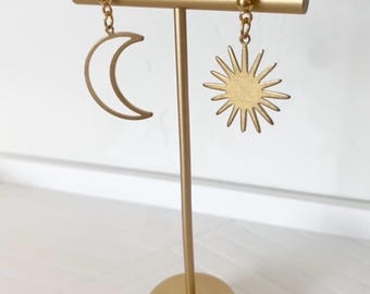 Sun Moon Celestial Brass Earrings, Minimalist Gold Dangle, Hypoallergenic Posts