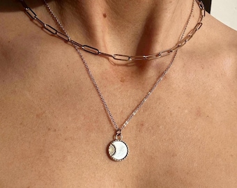18K Gold Sun and Moon Pendant Necklace: Capiz Shell Celestial Jewelry