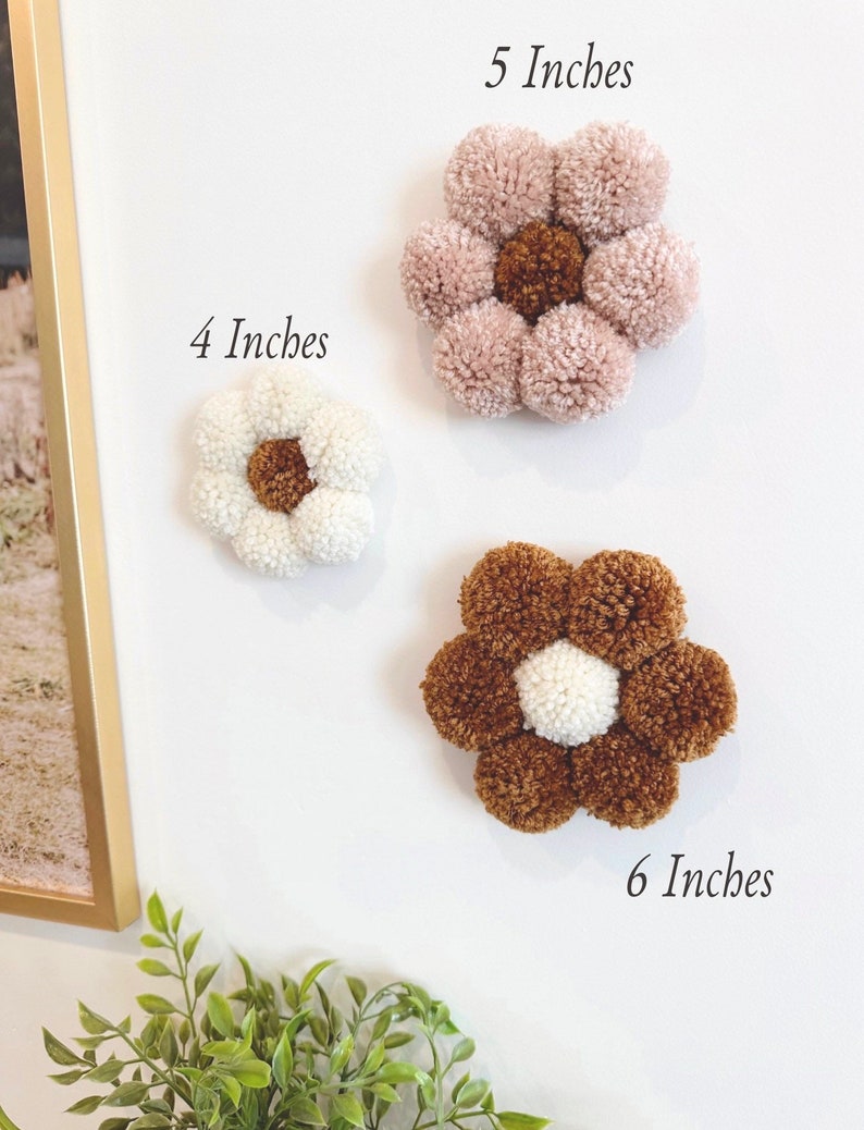 Boho Pom Pom Daisy Trio / Boho Daisy Decor / Set of Three Flower Daisy Wall Art / Flower Decor Birthday / Pink Flower Decor /Boho Girls Room image 5