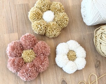 Boho Pom Pom Daisy Wall Decor: Set of 3 Cotton Flowers