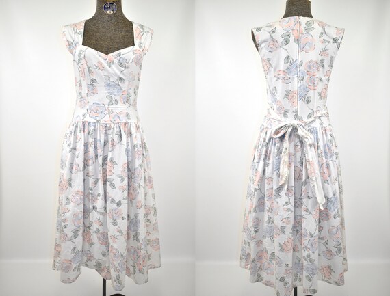 Pastel Chintz Floral Linen Day Dress | 1980s Engli