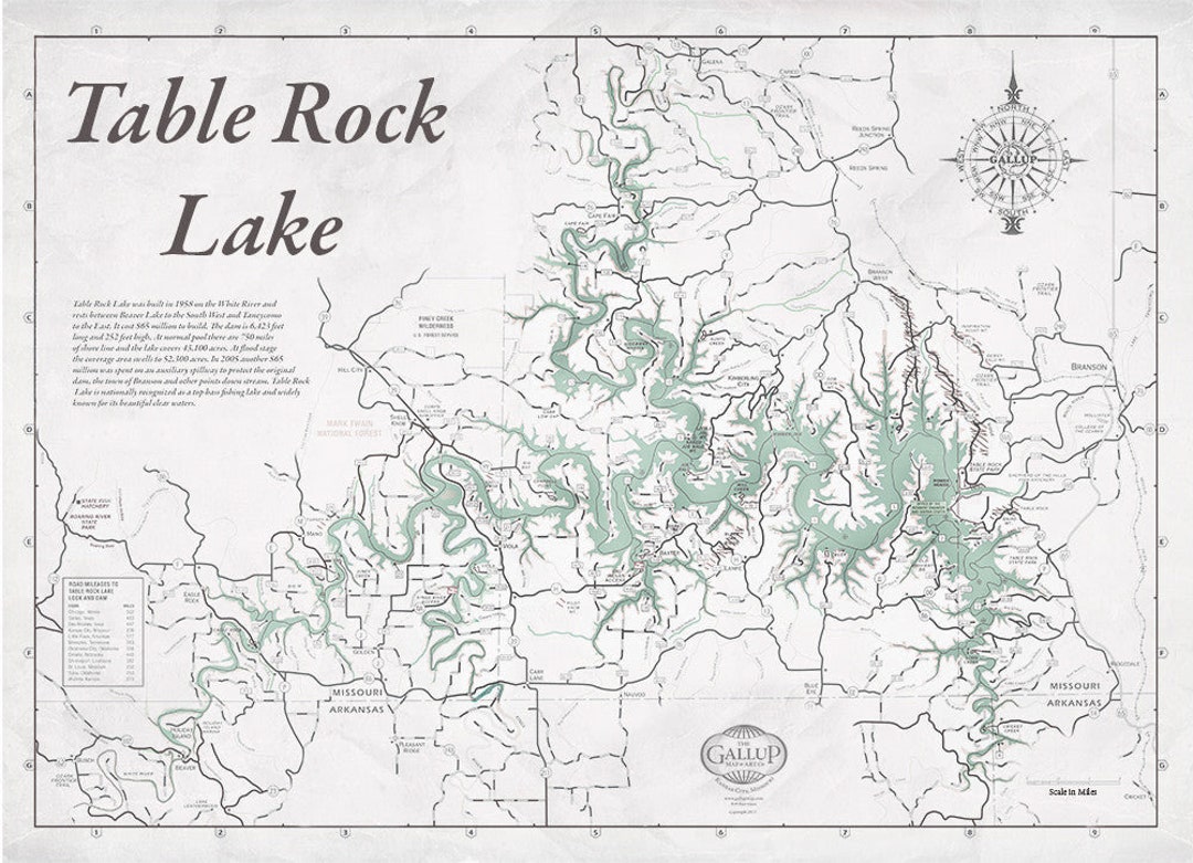 Table Rock Lake Map Vintage Decorator Gray With Antique Green Water Etsy