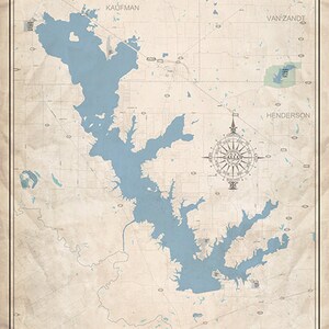 May include: A vintage-style map of Cedar Creek Lake in Texas. The map shows the lake's shape and surrounding areas, including the towns of Kaufman, Navarro, Henderson, and Van Zandt. The map also includes a compass rose and a description of the lake's history and features.