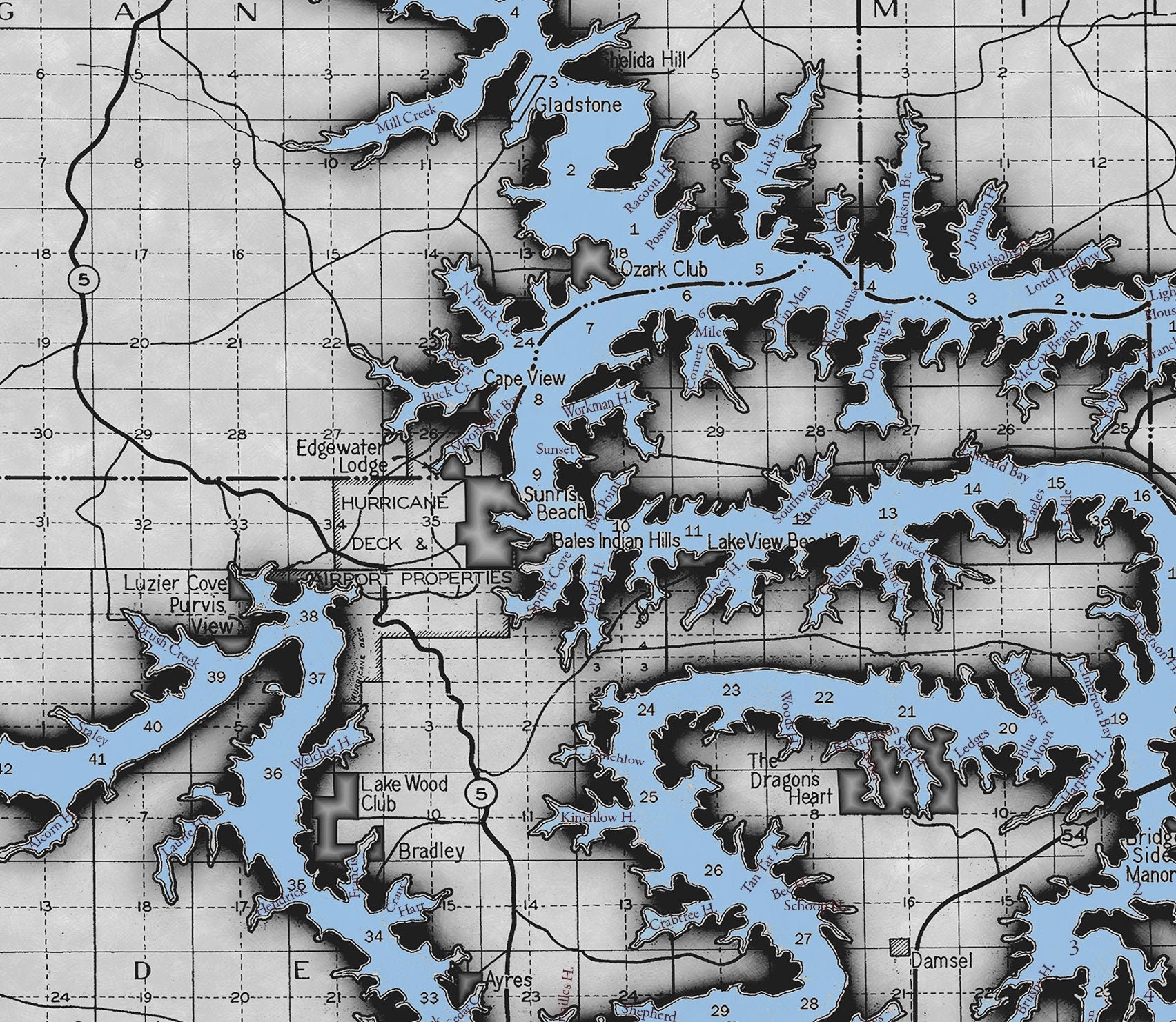 Vintage Lake of the Ozarks Map Decorator Gray Antique Blue Water With