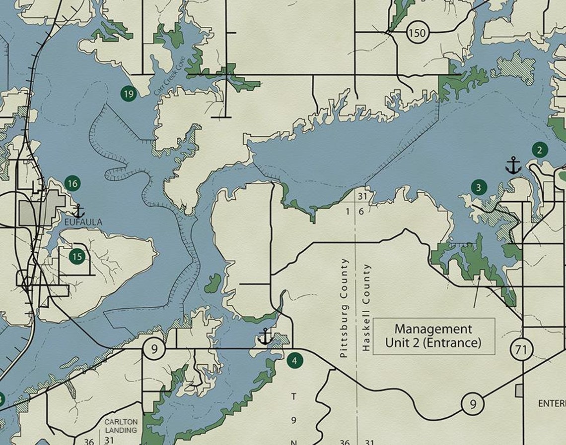 Eufaula Lake Oklahoma Classic Style Map Etsy