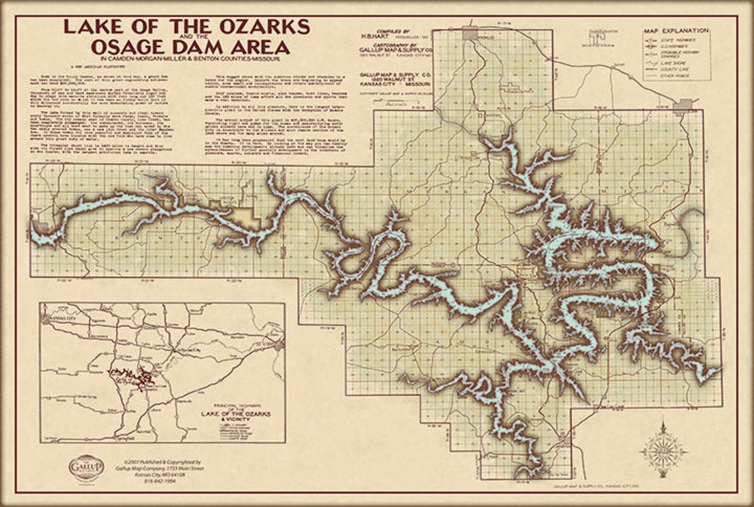 Vintage Lake of the Ozarks Classic Map With Mile Markers and Cove Names