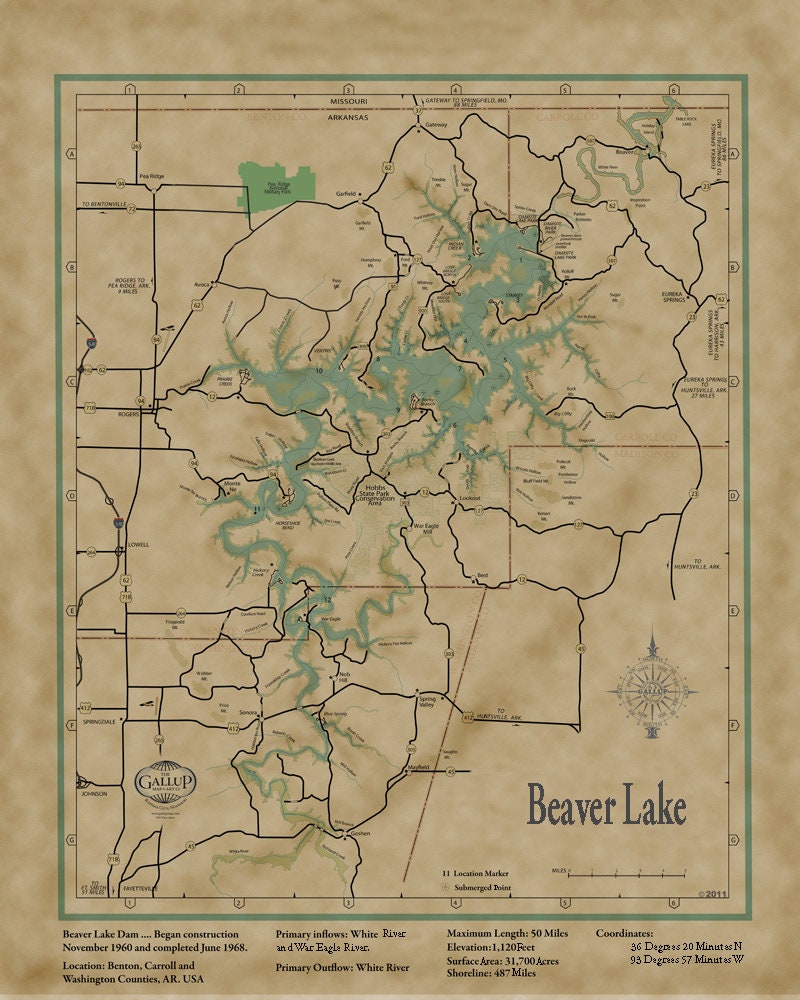 Beaver Lake Classic Map with Lake Facts Etsy