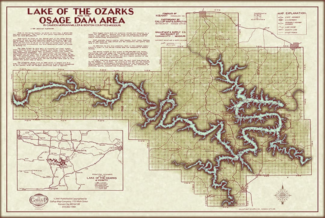 Vintage Lake of the Ozarks Original Map With Mile Markers and Cove