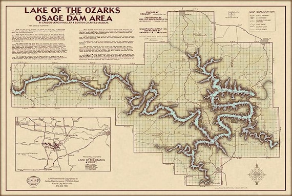 Cove Names Lake Of The Ozarks Vintage Lake Of The Ozarks Classic Map With Mile Markers And | Etsy