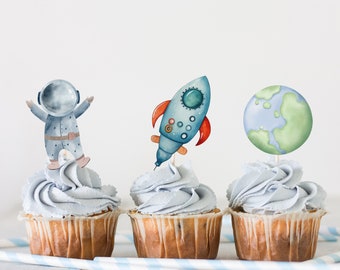 Set of 12 astronaut and planets cut-out wafer toppers. Ready-to-use wafer paper astronaut toppers for cupcakes and cakes