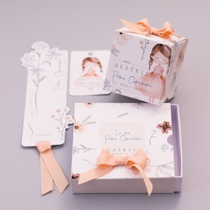 Confetti holders, boxes, place cards and tags for apricot pink First Communion favors for girls. High resolution digital printing