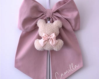 Fiocco nascita bambina in cotone rosa e orsetto