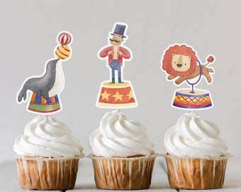 12 cut-out wafer circus toppers. Ready-to-use paper circus wafers for cupcakes and cakes