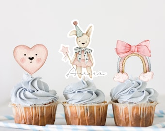 Set of 12 cut-out wafer toy bunny toppers. Ready-to-use wafer paper bunny toppers for cupcakes, birth, baptism cakes