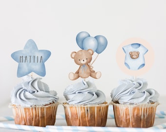 Set of 12 cut out blue bear toppers in wafer paper. Wafer paper teddy bear ready-to-use toppers for cupcakes, birth, baptism cakes