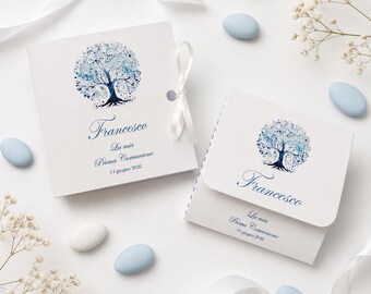 Powder blue Tree of Life favor holder for First Communion or Confirmation favors for children. Confetti not included.