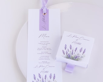 Menu placeholders and lavender confetti holder favors. First Communion.